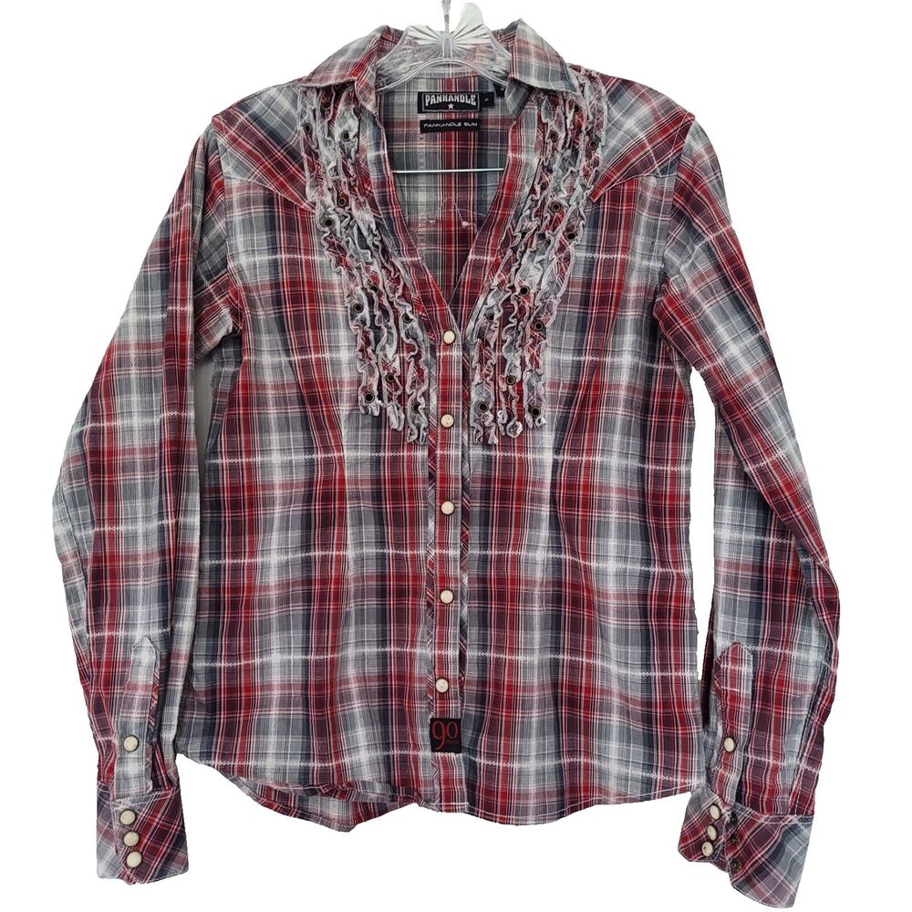 Panhandle Slim Womens S Small Western Shirt Cross Wings Embroidery Snaps Ruffles